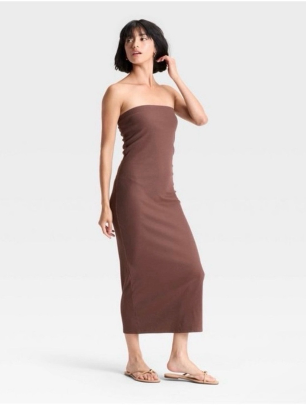 3 NWOT ribbed tube dresses a new day Striped Navy, Black, Brown Maxi strapless - Picture 2 of 6